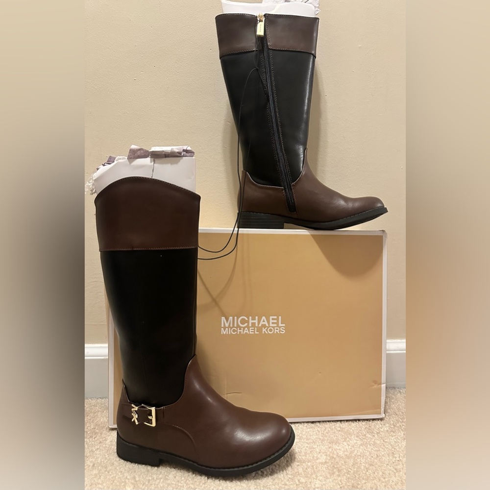 Michael Kors Emma Cash Black and Brown Riding Boots Girls Size 2 NWT. MMK Shoes.